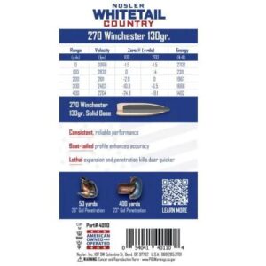 Nosler Whitetail Country Rifle Ammunition .270 Win 130gr SP 3060 fps 20-ct