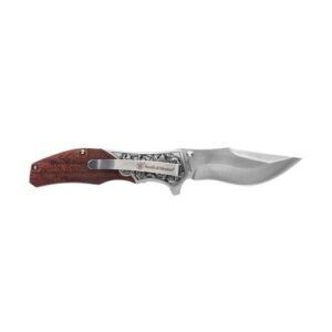 Smith & Wesson Unwavered Folding Knife 3-1-4" Clip Point Blade Engraved Wood Blister